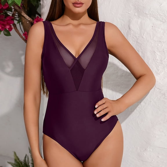xjwjuw Women's Fashion Sexy Mesh Patchwork Deep V-Neck One-Piece Swimsuit, Stylish and Elegant Swimwear for Beach and Pool