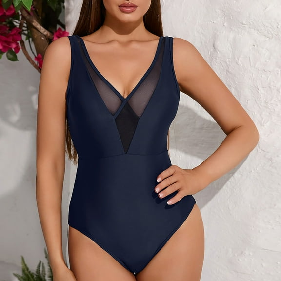 xjwjuw Women's Fashion Sexy Mesh Patchwork Deep V-Neck One-Piece Swimsuit, Stylish and Elegant Swimwear for Beach and Pool