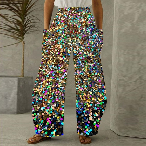 xjwjuw Womens Casual Sparkly Sequin Pants High Waisted Wide Leg Palazzo Bell Bottom Dance Trousers Loose Pull On Comfy 70s Magic Glitter Disco Party Long Maxi Pants