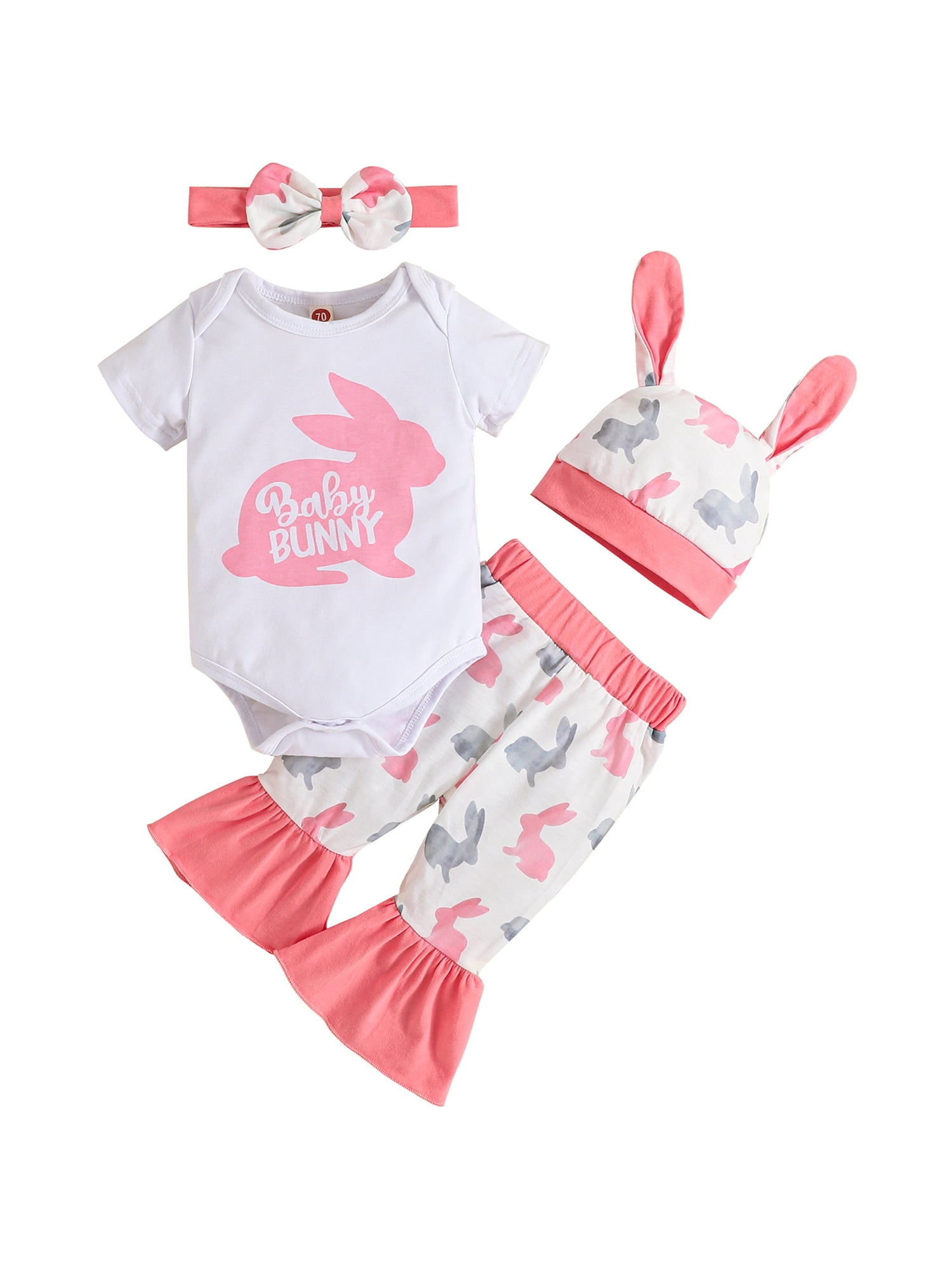 xkwyshop Infant Baby Girl My First Easter Outfits Short Sleeve Rabbit Print  Romper Tops Flared Pants Hat Headband Set 0-3 Months