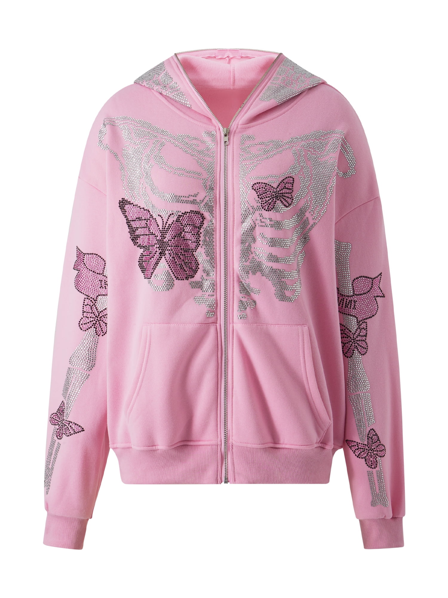 xkwyshop Rhinestone Graphic Zip Up Hoodies for Women Oversized Y2k  Sweatshirt Jacket E-Girl 90s Pullover Streetwear Pink S