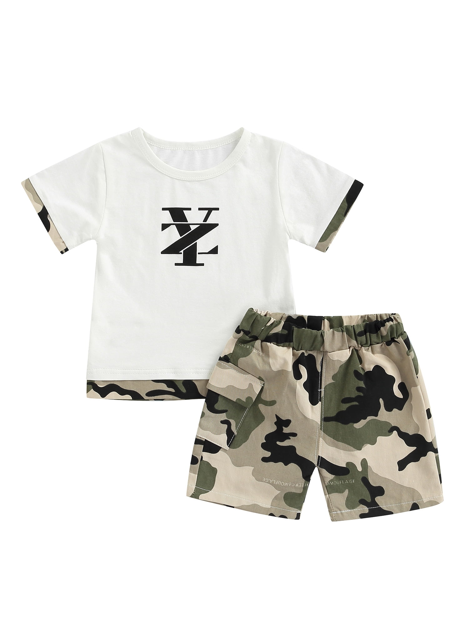 xkwyshop Toddler Kids Boys 2Pcs Outfit Letter Print Round Neck Short Sleeve  T-Shirt Camouflage Shorts Summer Set 
