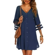 xkwyshop Women's Swimsuit Cover Ups Button-Down V Neck Crochet Chiffon Summer Beach Cover Up Dress Navy Blue M