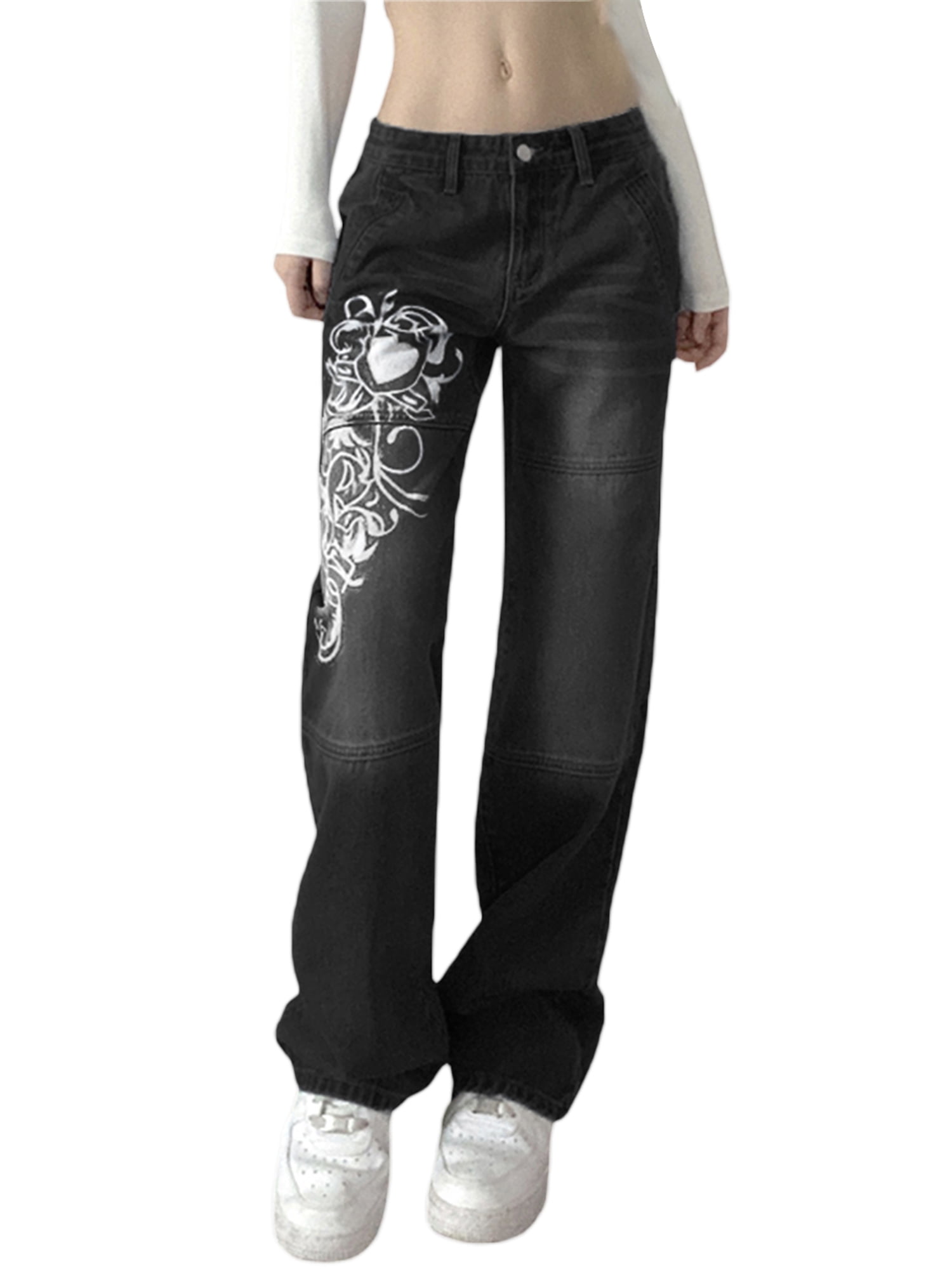 xkwyshop Women's Y2K Fashion Wide Leg High Waist Denim Pants Boyfriend  Jeans Loose Fit Baggy Jeans for Teen Girls Black L