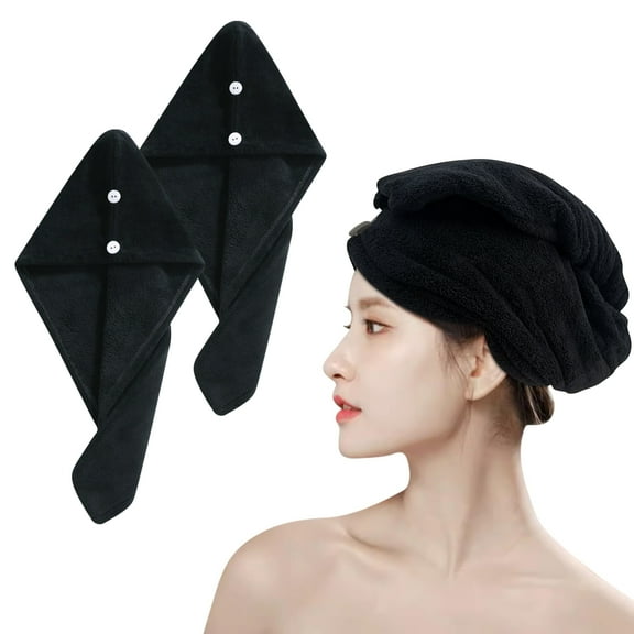 xnicx 2 Pack Microfiber Hair Towel,Quick Dry Head Wraps Hair Towel Turban Wrap for Women Kids,25.6x9.8 Inch Super Absorbent Fast Hair Drying Towel with Button for Wet Curly Hair(Black)