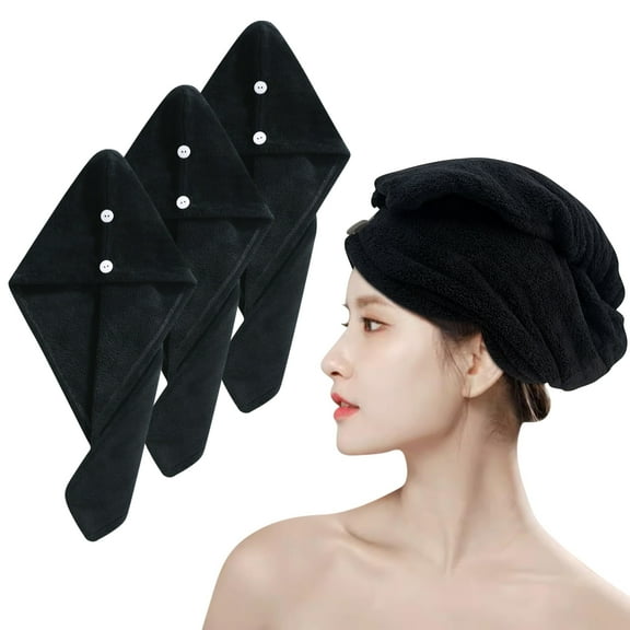 xnicx 3 Pack Microfiber Hair Towel,Hair Drying Towel with Button,Super Absorbent Fast Drying Hair Towel,Black Microfiber Hair Towel Hair Wraps for Women Wet Curly Hair(25.6x9.8 in)