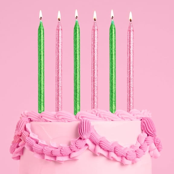 xo, Fetti Pink + Green Glitter Cake Candles, Tall Thin - 10 Pcs | Birthday Party Supplies, Bachelorette Cake Decor, Cupcake Topper, Fun Dessert Decorations