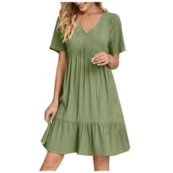 ZZwxWA Womens Casual Loose Summer Tiered Midi Dress Short Sleeve V-Neck Loose Cotton Ruffle Babydoll Dress Boho Sundress