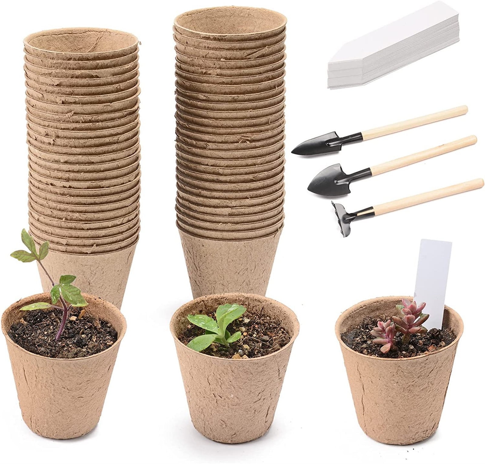 xqxayjr Gardening Paper Tray Cups, Biodegradable Starter Pots with Plant Labels, 50 Pcs Nursery Germination Trays for Indoor Outdoor Planting and Gardening Tools