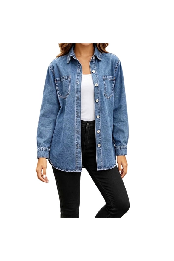 Women's Fall Winter Collared Long Sleeve Denim Button Down Shacket Open Front Casual Jacket Solid Basic Tops Coats, Dark Blue M