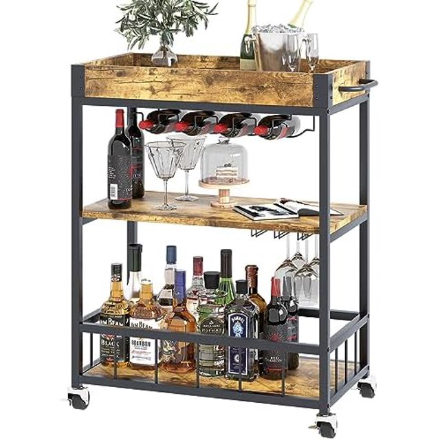 xrboomlife Cart with Basket 3 Tiers Home Rolling Wine Rack with Wheels Mobile Kitchen Industrial