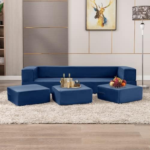 xrboomlife Convertible Futon Sofa Bed with 3 Ottomans Memory Foam Pull