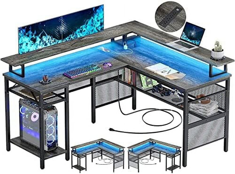 xrboomlife L Shaped Desk with LED Strip and Power Outlets Reversible