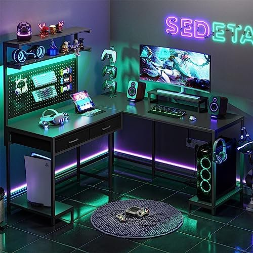 xrboomlife L Shaped Gaming Desk with LED Lights Pegboard and Drawers Gaming Desk with Hutch