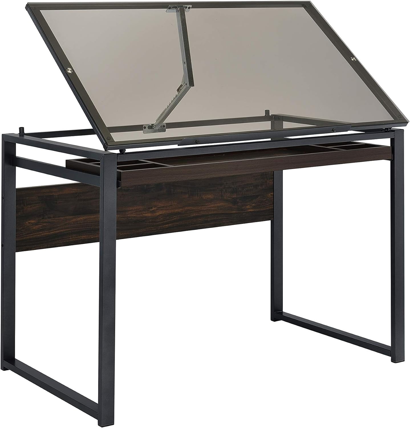 Pantano Dark Gunmetal and Chestnut Glass Top Drafting Desk