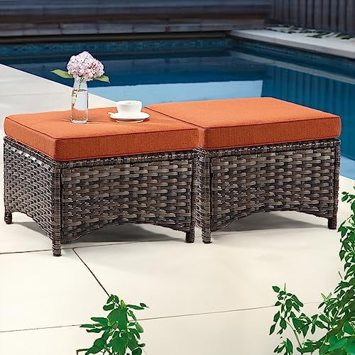 xrboomlife Patio Wicker Ottoman Outdoor PE Rattan Footstools with Removable Cushions & Wood