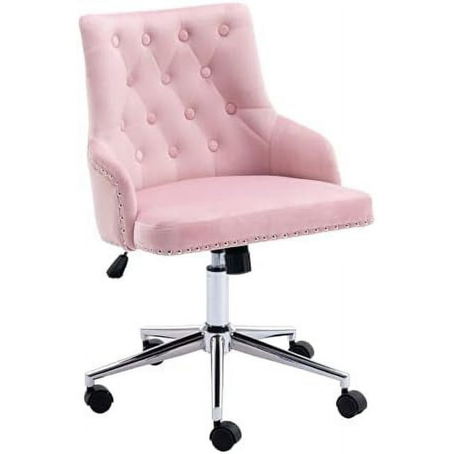 xrboomlife Pink Desk Chair Velvet Office Chair with Wheels Tufted