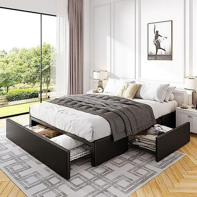 xrboomlife Queen Size Platform Bed with 3 Drawers Faux Leather