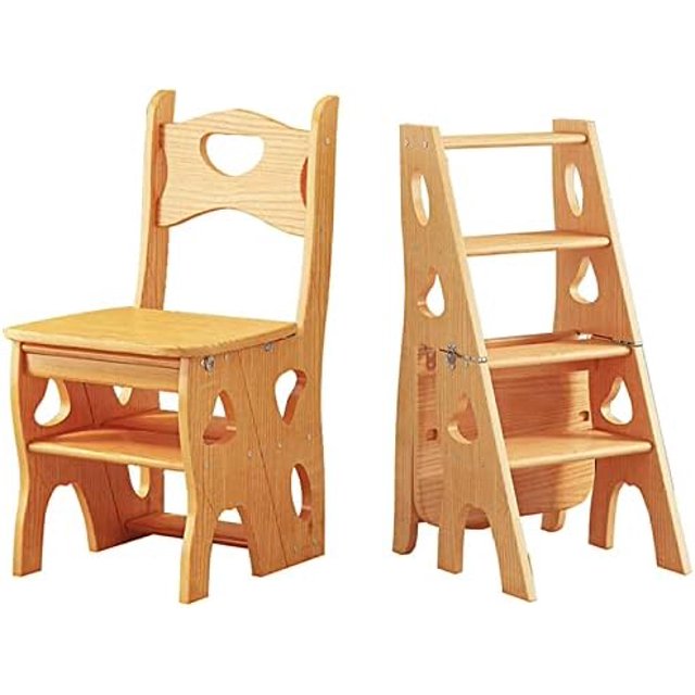 xrboomlife Solid Wood Folding Ladder Chair Library Ladder Kitchen Step Stool Chair Wooden Step