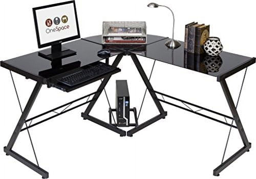 Sleek Black Tempered Glass LShaped Computer Desk with Keyboard Tray