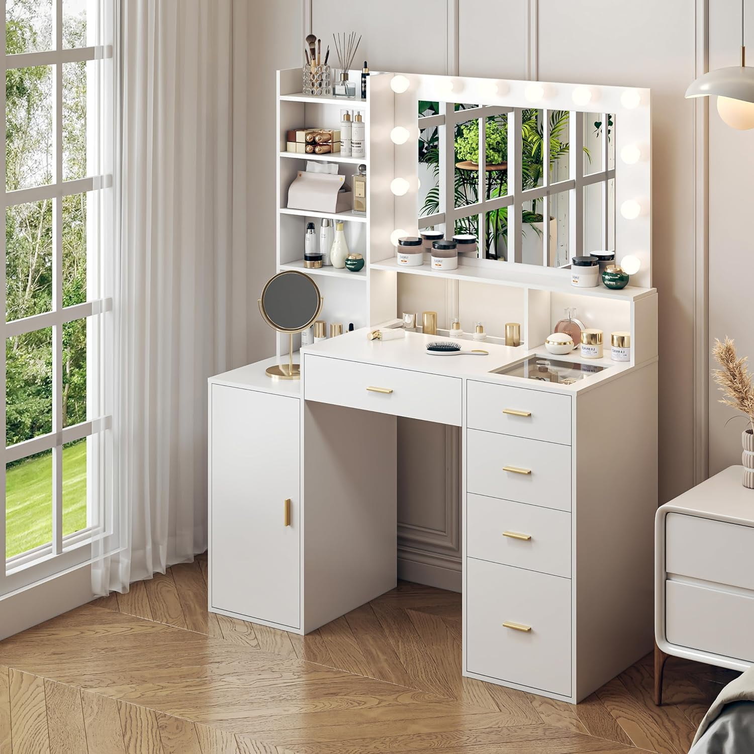 xrboomlife Vanity Desk with Hollywood Mirror & LED Back Light Glass Top