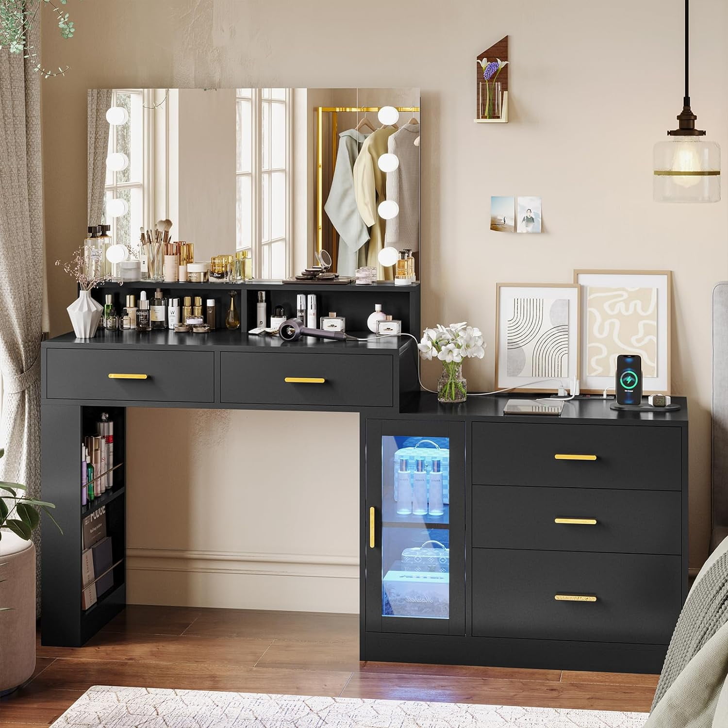 xrboomlife Vanity Desk with Large Lighted Mirror & Power Outlet Makeup Vanity with 3Color