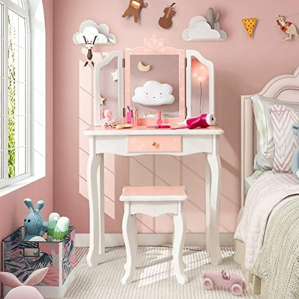 xrboomlife Vanity Table and Chair Set Girls Vanity Set with Mirror and