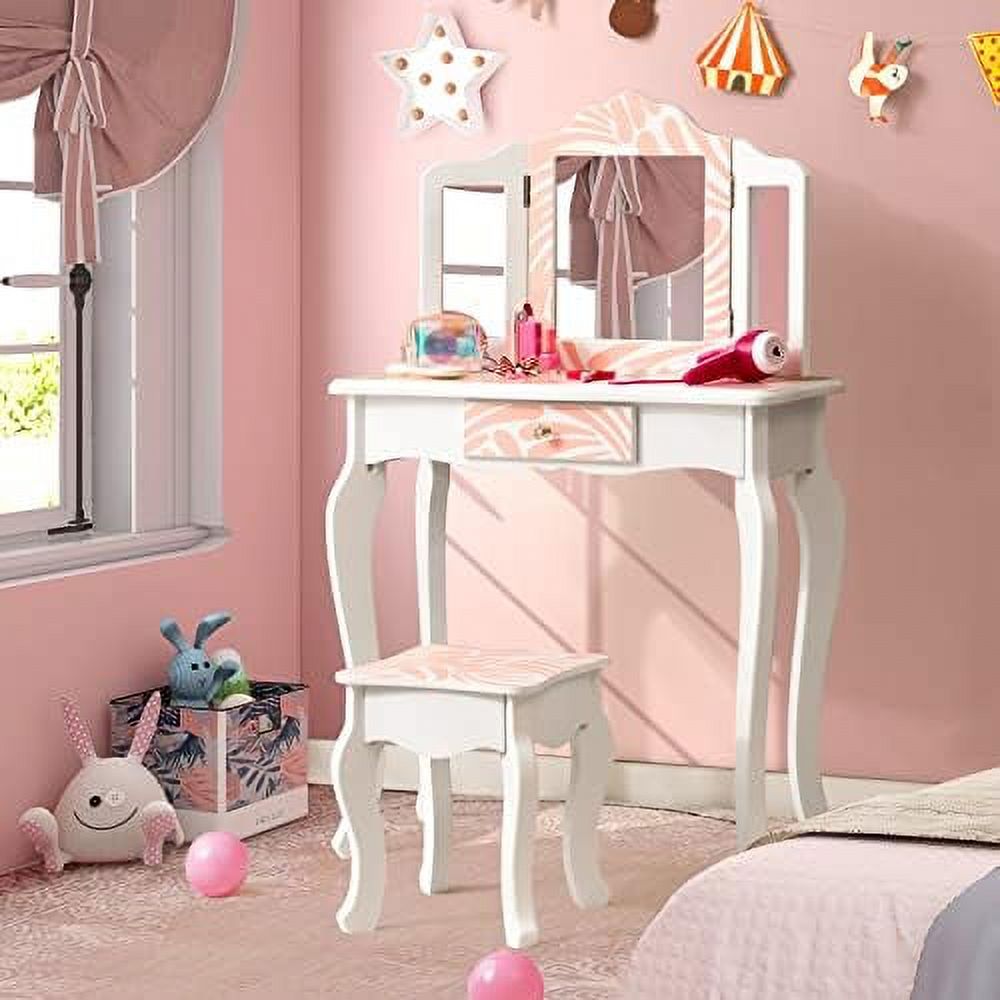 xrboomlife Vanity Table and Chair Set Girls Vanity Set with Mirror and