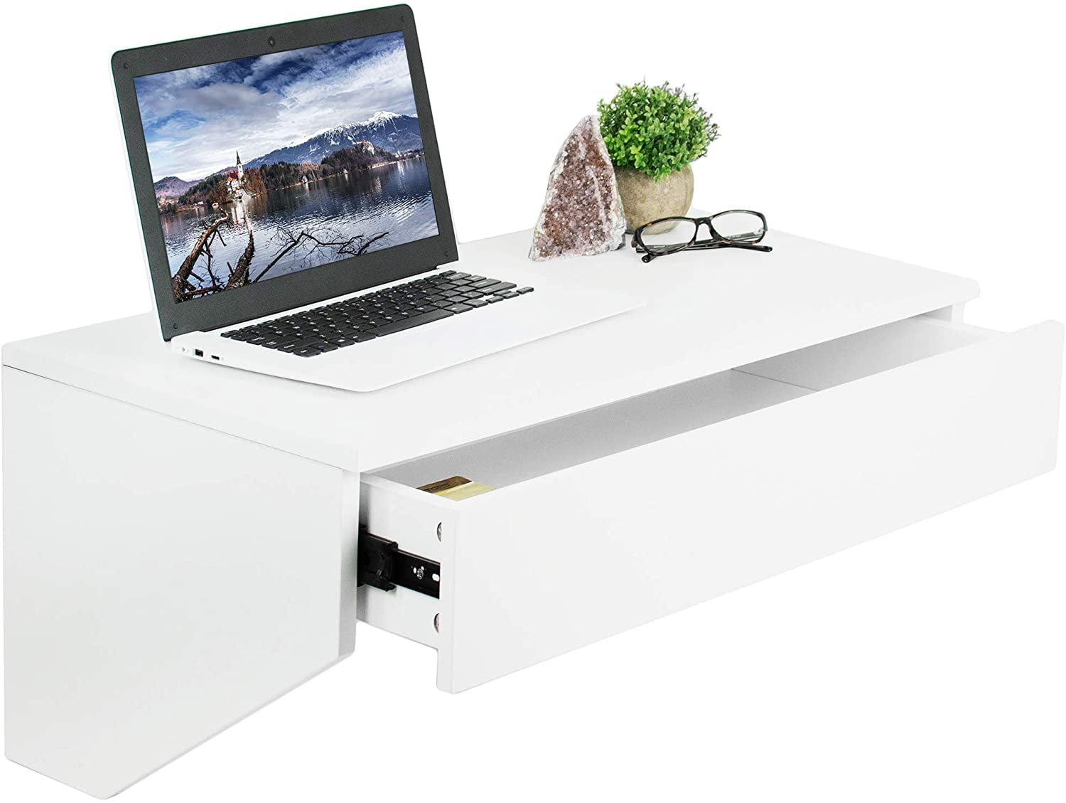 Elegant White Wall Mounted Desk with Drawer and USB Port