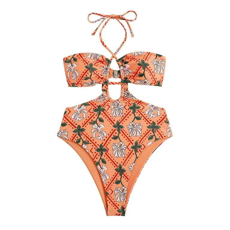 xuapaodt Women s Swimsuit Gathered Neck Wrap Cut Out Open Back Full Body High Waisted Vintage Print Bikini RD1 S