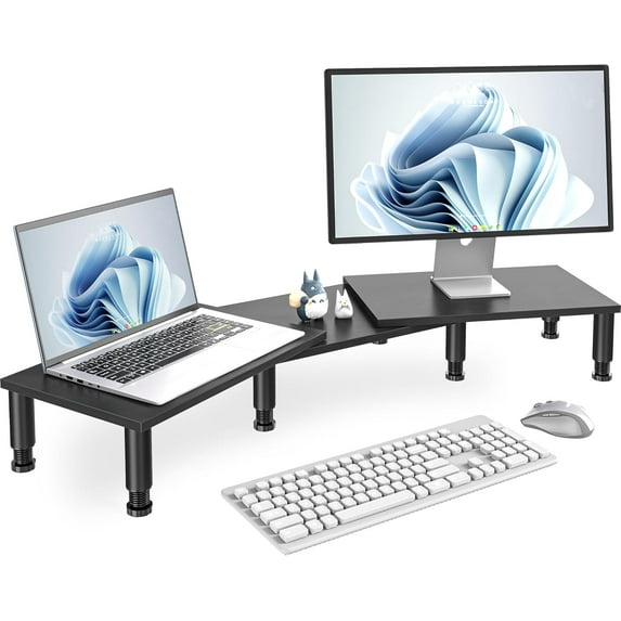 Dual Monitor Riser, Adjustable Height Steel Leg Wooden Stand with Storage Space - Black