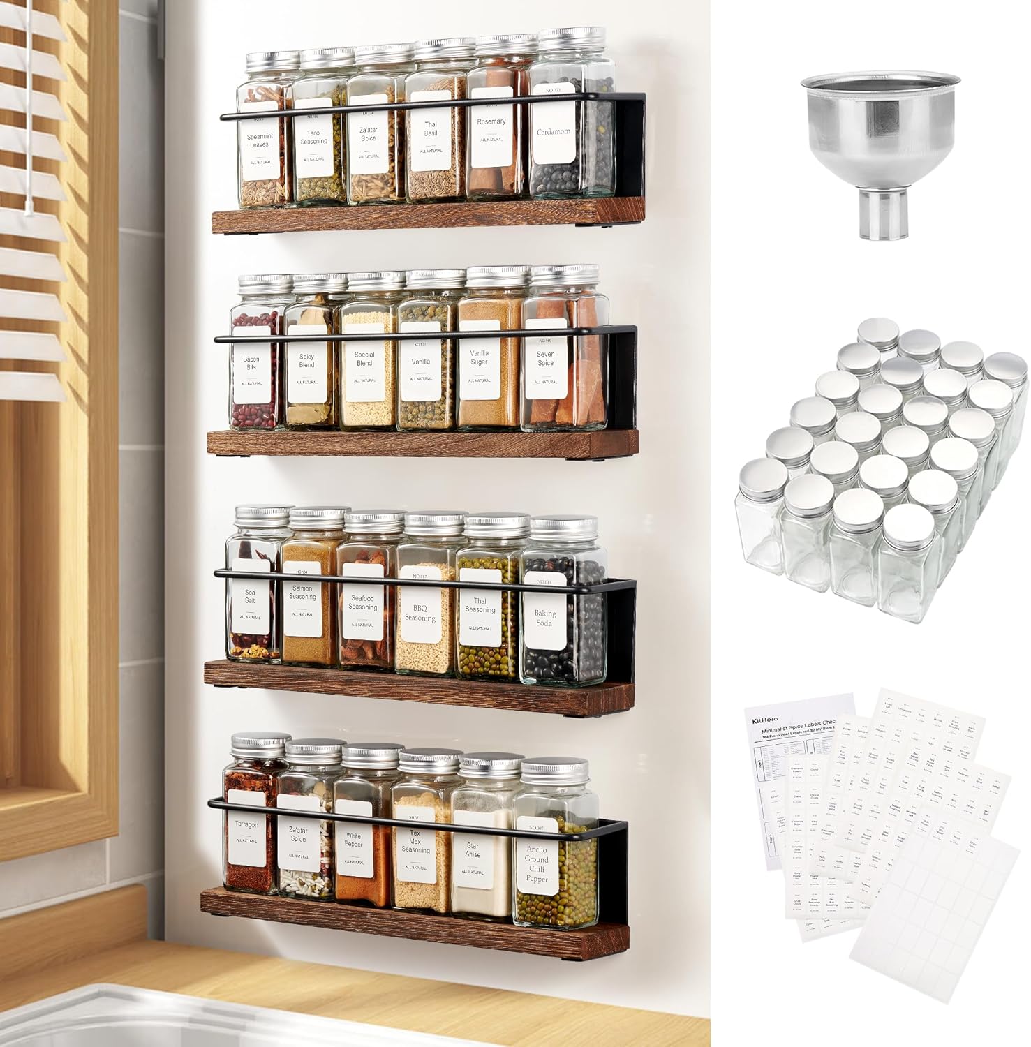 Xufxs Magnetic Spice Rack With 24 Jars 216 Labels 1 Steel Funnel For 