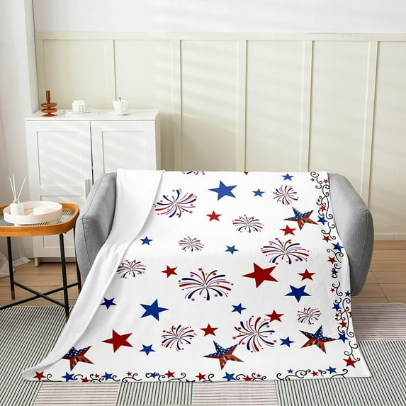 xuhooa 4th of July Flannel Fleece Throw Blanket Baby 30"x40" Stars Firework All Season Bed Blanket Room Decorative Independence Day Fuzzy Blanket Fireworks White Plush Blanket