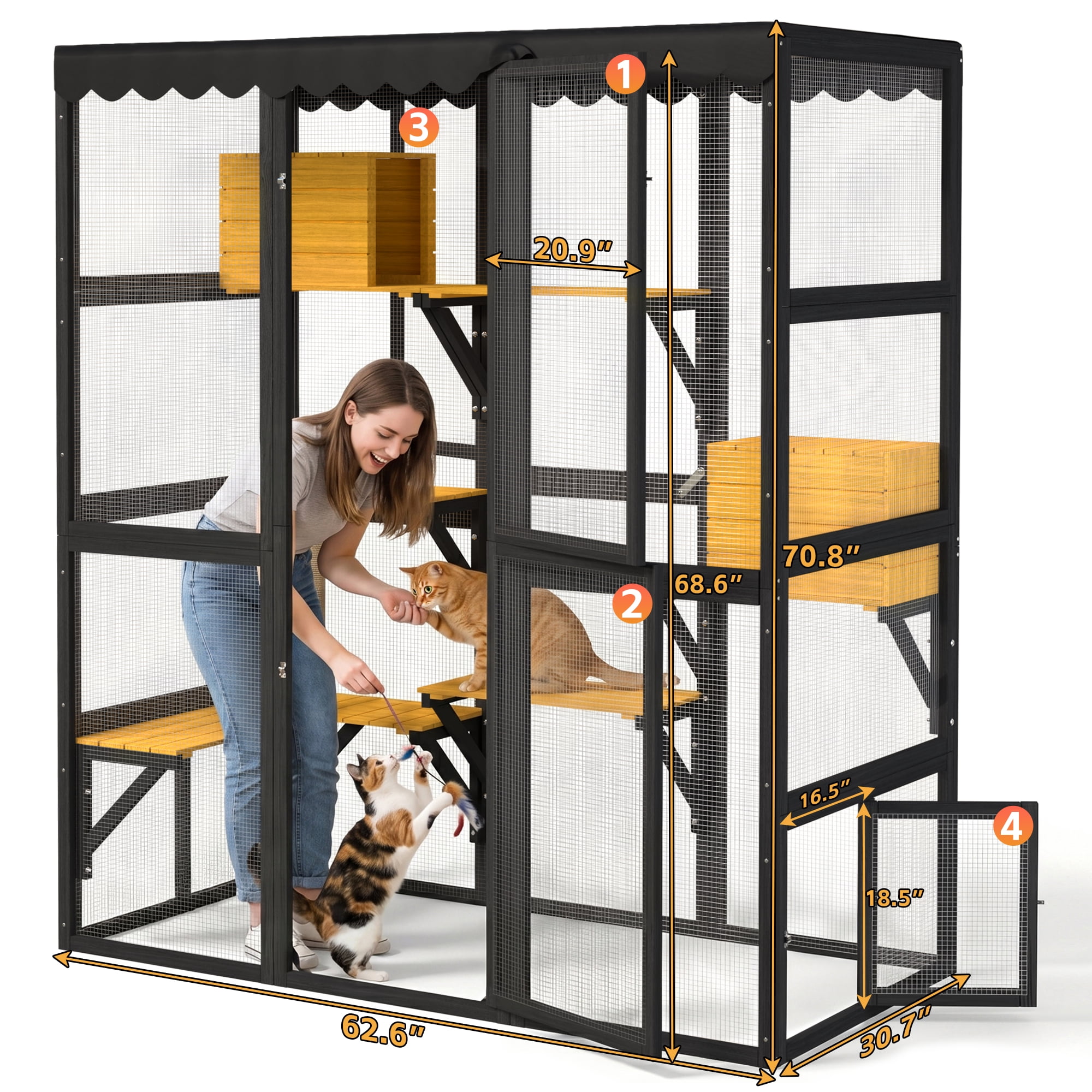 xxpepo Large Wooden Outdoor Cat Catio Enclosure, Walk-in Cat House with Window Connection, 2 Condos 5 Platforms Weatherproof Roof for Multiple Medium Cats 26-40lbs