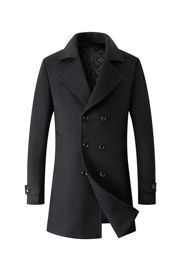 Men's Woolen Trench Coat Regular Fit Double Breasted Wool Blend Jacket Winter Pea Coat Businesss Overcoat(BL,S)