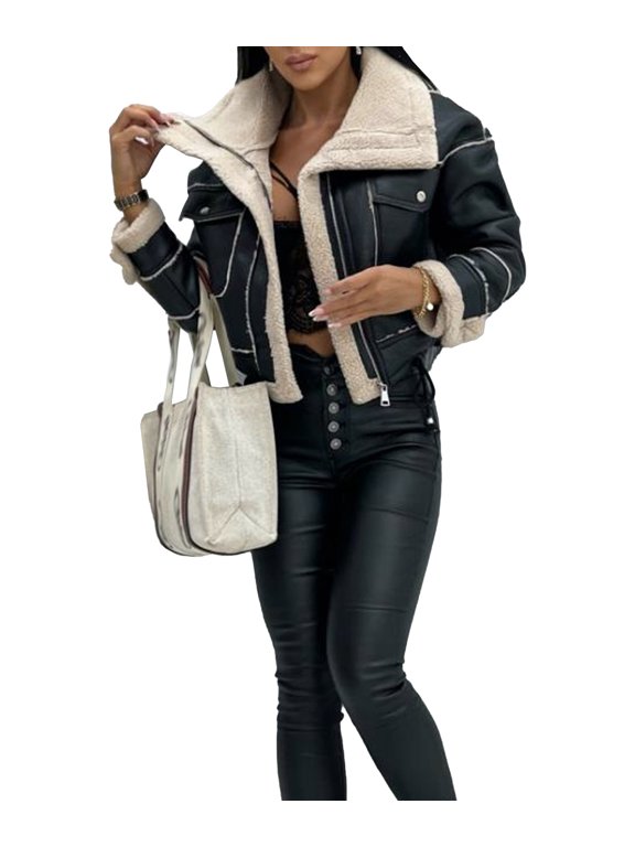 Women's Faux Fur Shear Jacket Sherpa Lined Winter Warm Lapel Long Sleeve Zipper Motorcycle Cropped Coat Outwear(BL,L)