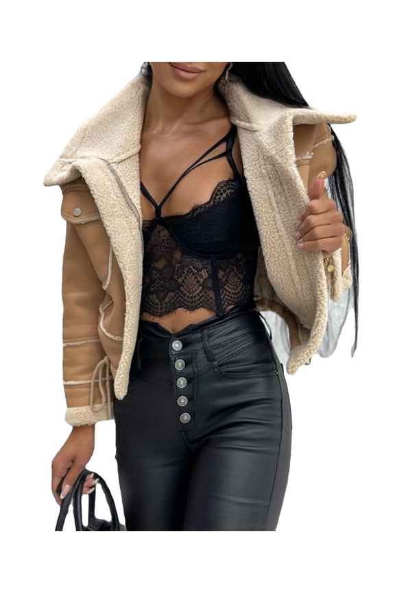 Women's Faux Fur Shear Jacket Sherpa Lined Winter Warm Lapel Long Sleeve Zipper Motorcycle Cropped Coat Outwear(KH,M)