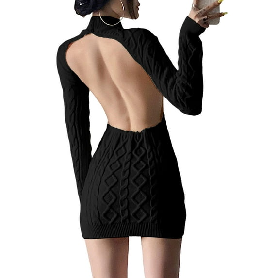 xxxiticat Women's High Neck Sweater Dress Long Sleeve Backless Cut Out See Through Cable Knitted Turtleneck Sweaters(BL,S)