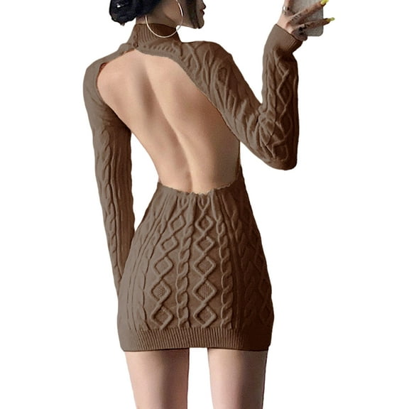 xxxiticat Women's High Neck Sweater Dress Long Sleeve Backless Cut Out See Through Cable Knitted Turtleneck Sweaters(KH,L)