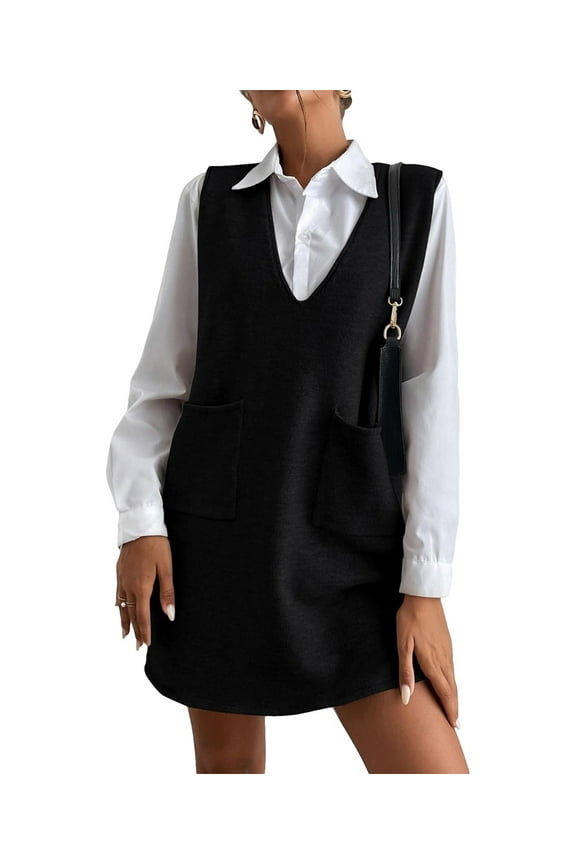 Women's Long Sweater Vest Overall Dress Oversized V Neck Sleeveless Spring Knit Shirt Short Dress(BL,S)