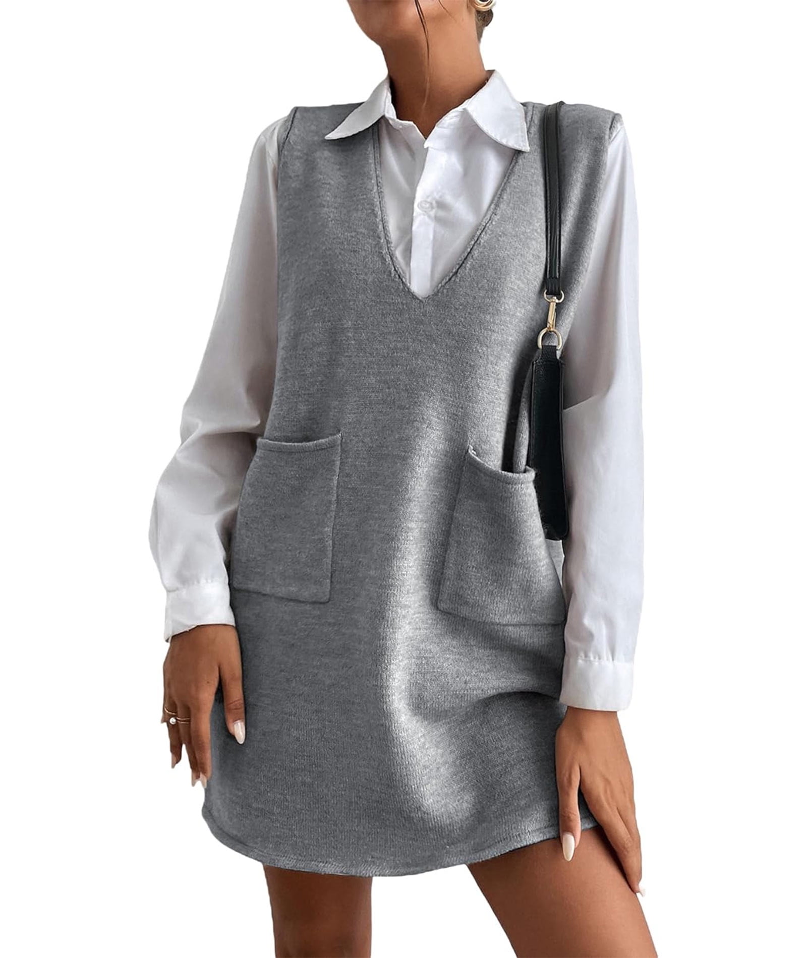 xxxiticat Women's Long Sweater Vest Overall Dress Oversized V Neck