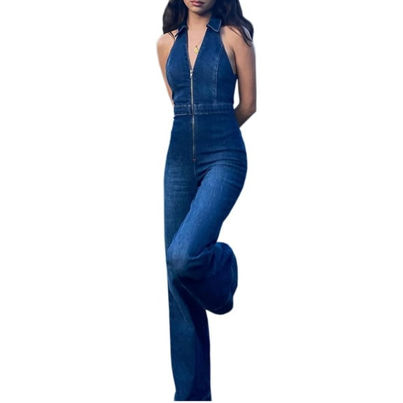 xxxiticat Women's Sleeveless Y2K Jean Jumpsuit Flared Leg Pants Romper Halter Tank Top Denim Catsuit Maxi Overall(BE,S)