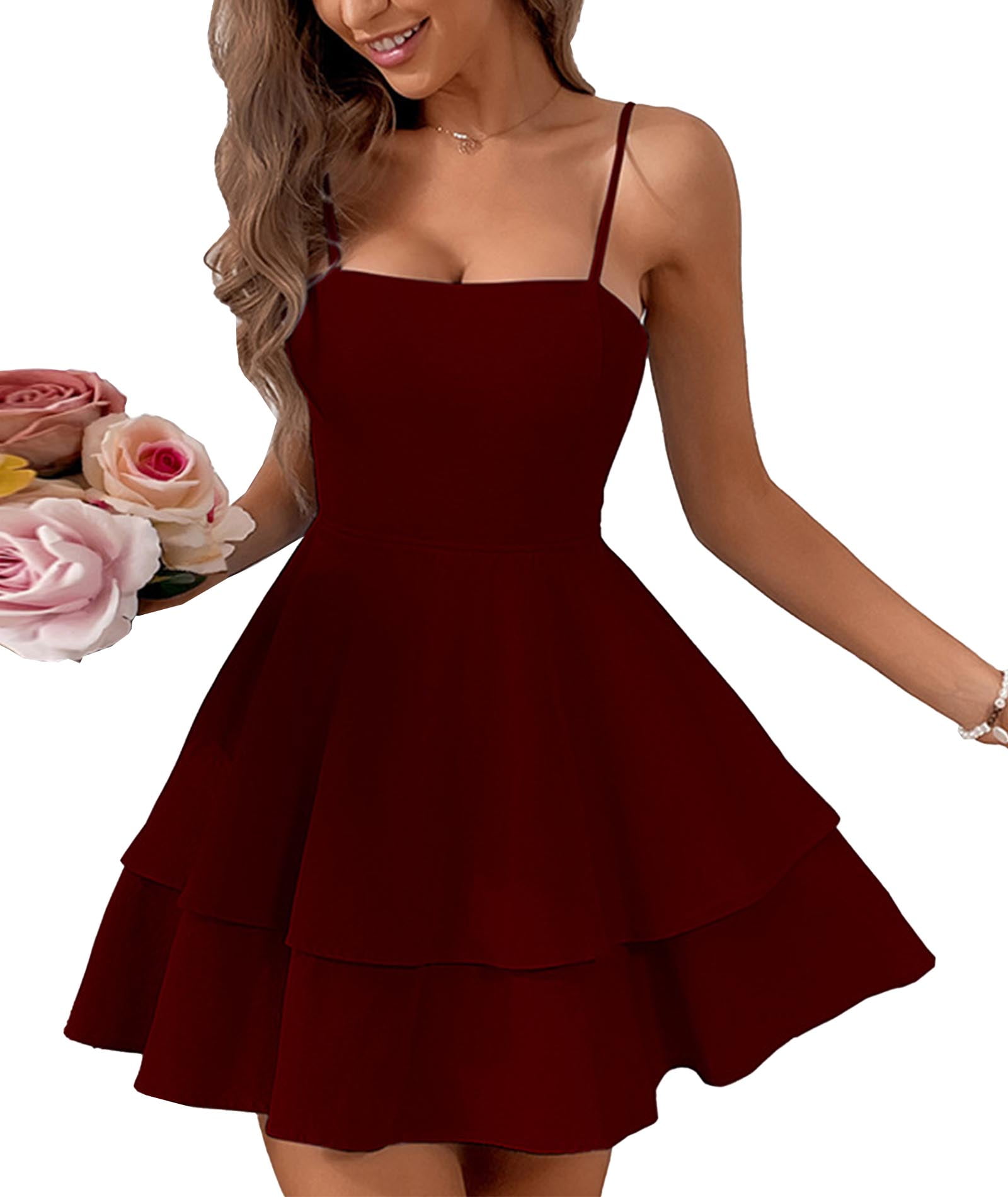 xxxiticat Women's Tie Back Spaghetti Strap Skater Mini Dress Tiered ...