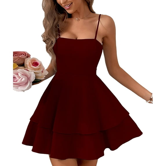 xxxiticat Women's Tie Back Spaghetti Strap Skater Mini Dress Tiered Ruffle Fit and Flared A Line Sexy Cute Short Party Dress WR-XS