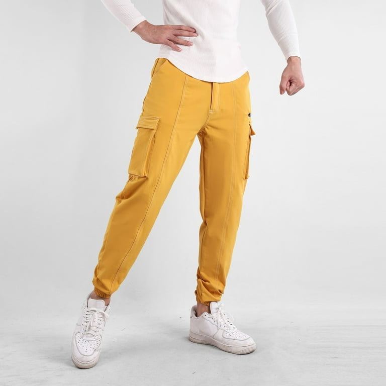 xzfgjd Yellow Men s Cargo Pants Casual Loose Solid Color Corset With Pockets Classic Overalls Pants XL Walmart