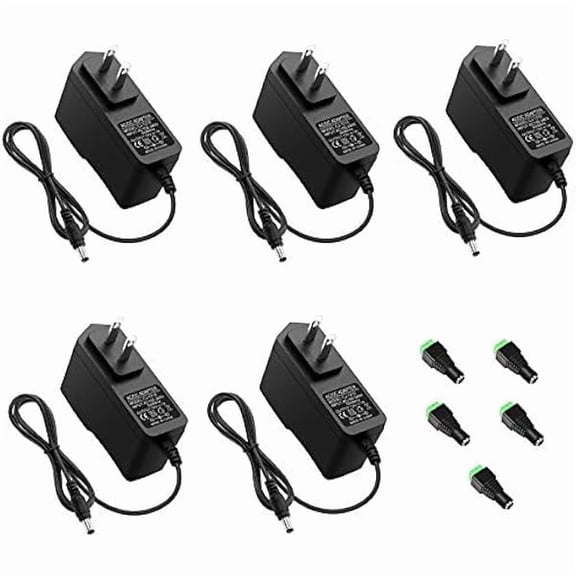 xzyuan 12V 1A Power Supply AC Adapter 100-240V 50-60Hz to DC 12 Volt Transformer 12W Replacement Power Cord 5.5 x 2.5mm/2.1mm Tip for CCTV Security Camera DVR NVR System Router LED Strip (5 Pack)
