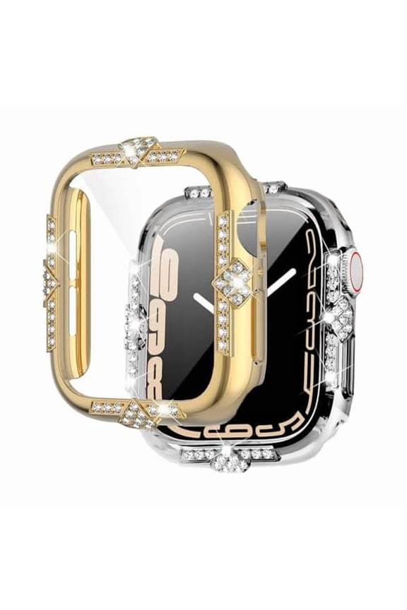 [2-Pack] Tempered Glass Case Compatible with iWatch Apple Watch Series 6/5 / 4 / SE 40mm, Bling Diamond-Shape Rhinestone Protective Case Cover with Screen Protector (Gold+Transparent)