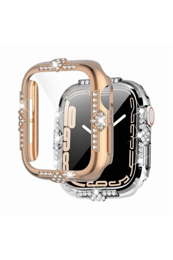 [2-Pack] Tempered Glass Case Compatible with iWatch Apple Watch Series 6/5 / 4 / SE 44mm, Bling Diamond-Shape Rhinestone Protective Case Cover with Screen Protector (Rose Gold+Transparent)