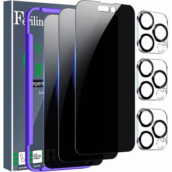 xzyuan 3 Pack for Apple iPhone 14 Pro Privacy Screen Protector Tempered Glass Accessories 9H Anti Spy Privacy Screen for iPhone 14 Pro 3 Pack Camera Lens Protector Case Friendly