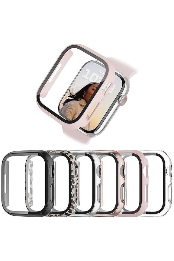 6-Pack Hard PC Case with Tempered Glass Screen Protector for Apple Watch Series 9, 8, 7 45mm
